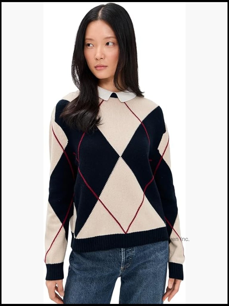 Wool Blend Collared Pullover Sweater - Argyle Pattern
